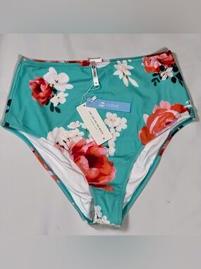 CUPSHE Teal Floral High-Waist Bikini Bottoms with Red & Pink Blooms